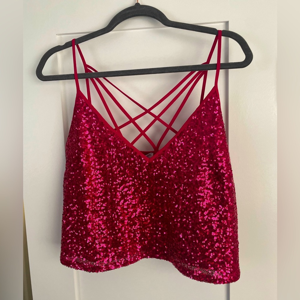 Express x Olivia Culpo Sequin Hot Pink Strapped Crop Top. Size: Medium NWT